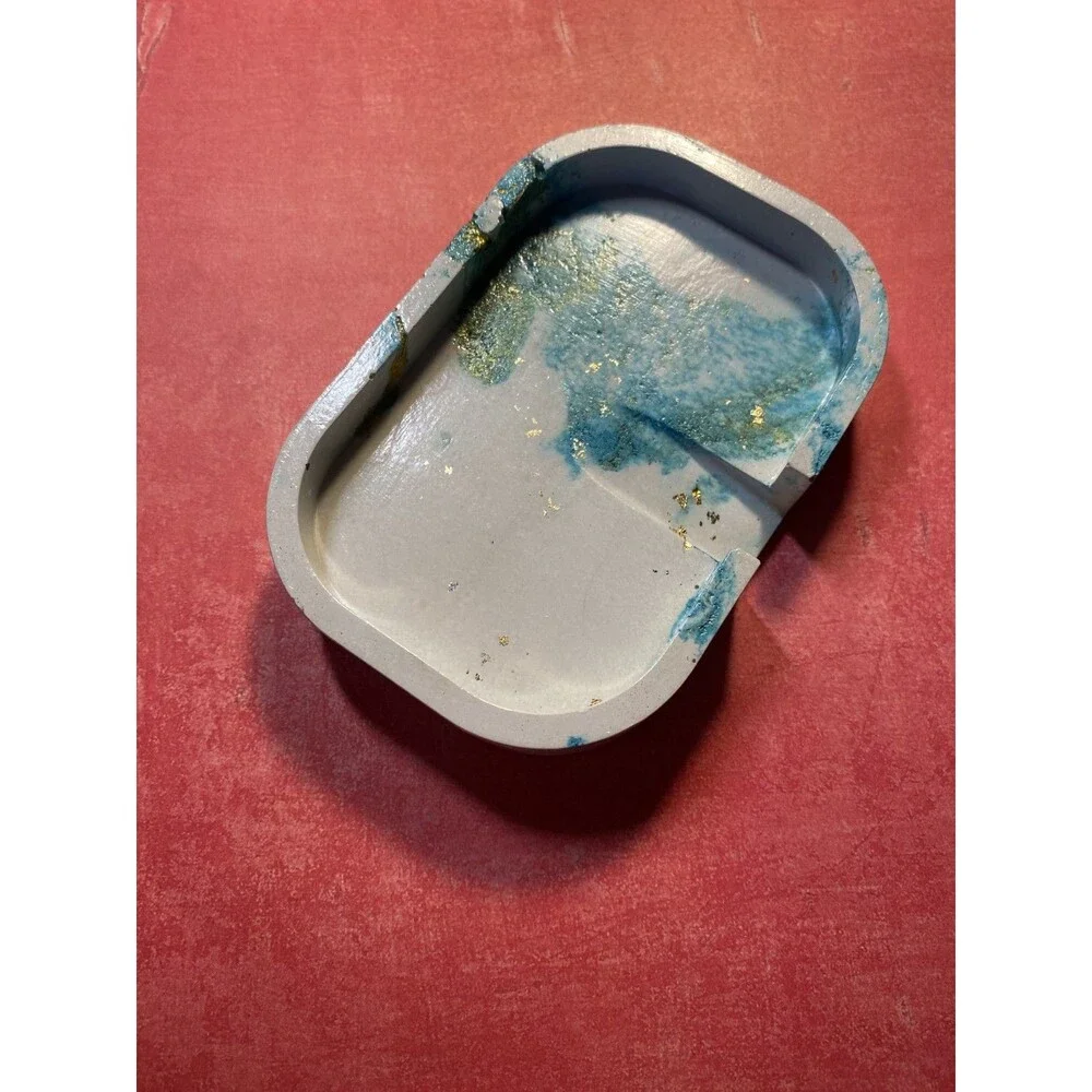 Handmade Soap Dish Cement Bathroom Kitchen Self Draining Teal With Gold